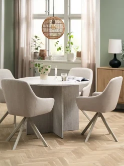 KRONDAL + ROSTRUPMesa KRONDAL Ø110 travertino + 4 sillas ROSTRUP beis