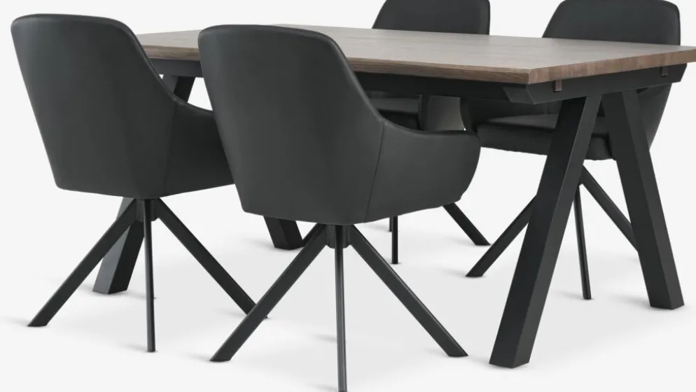 SANDBY + ROSTRUPMesa SANDBY L160 roble oscuro + 4 sillas ROSTRUP negro